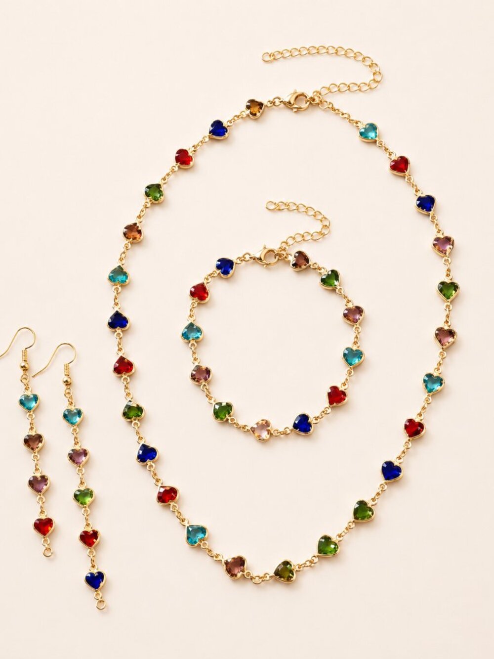 Rainbow Heart Gold Tone Jewelry Set | Necklace Bracelet Long Heart Drop Earrings